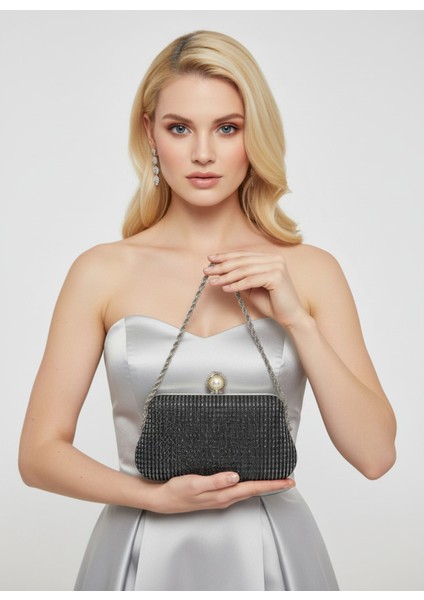 Siyah Renk Simli Taşlı Abiye Çanta | Lüks Düğün ve Gece Çantası