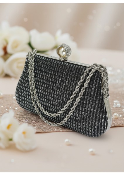 Siyah Renk Simli Taşlı Abiye Çanta | Lüks Düğün ve Gece Çantası fiyatları