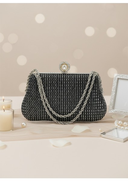 Siyah Renk Simli Taşlı Abiye Çanta | Lüks Düğün ve Gece Çantası modelleri