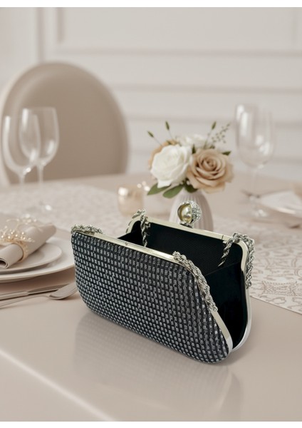 Siyah Renk Simli Taşlı Abiye Çanta | Lüks Düğün ve Gece Çantası fırsatları