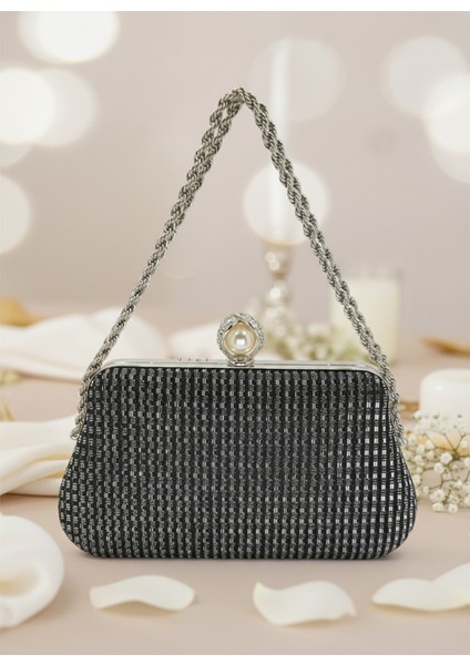 Siyah Renk Simli Taşlı Abiye Çanta | Lüks Düğün ve Gece Çantası indirimleri