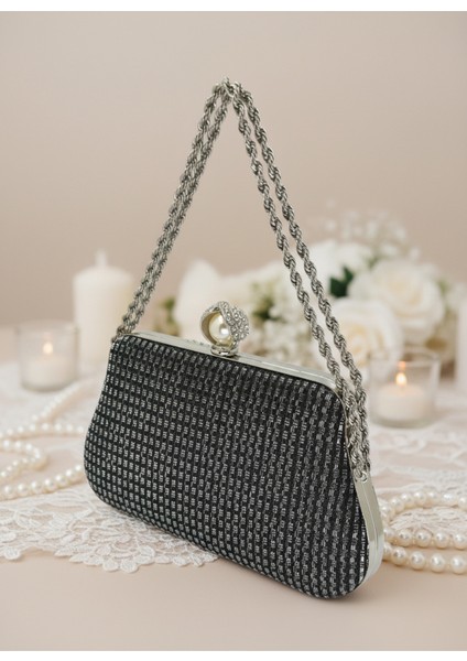 Siyah Renk Simli Taşlı Abiye Çanta | Lüks Düğün ve Gece Çantası