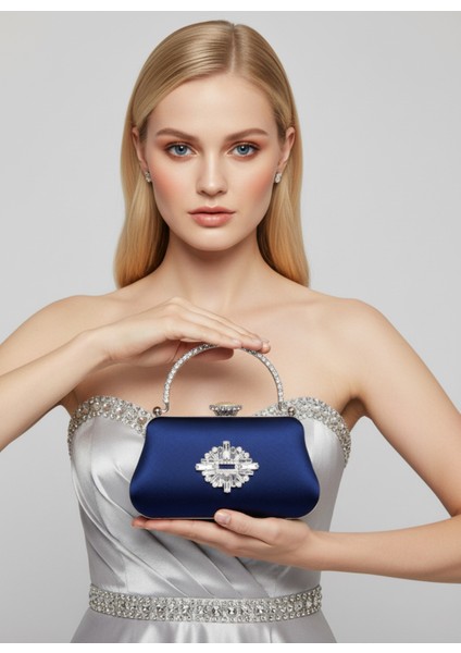 Lacivert Renk Simli Saten Kristal Taşlı Saplı Kadın Abiye Çanta Düğün Nişan Mezuniyet