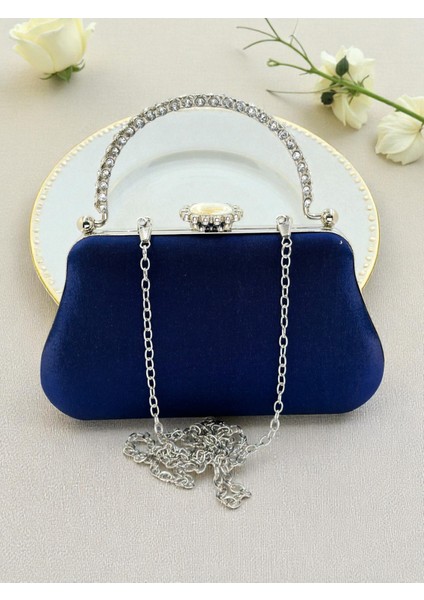 Lacivert Renk Simli Saten Kristal Taşlı Saplı Kadın Abiye Çanta Düğün Nişan Mezuniyet indirimleri