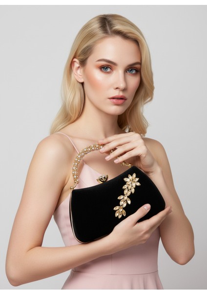 Siyah Süet Kristal Taşlı Abiye Çanta - Lüks ve Işıltılı Şıklık