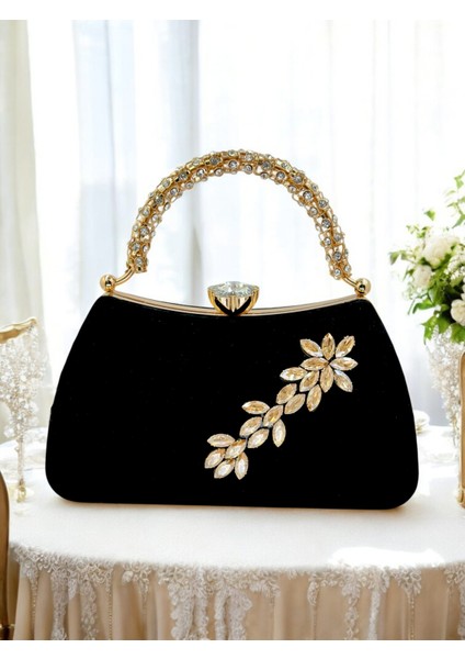 Siyah Süet Kristal Taşlı Abiye Çanta - Lüks ve Işıltılı Şıklık fiyatları