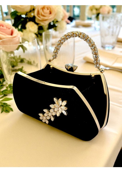 Siyah Süet Kristal Taşlı Abiye Çanta - Lüks ve Işıltılı Şıklık fırsatları