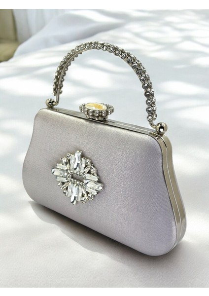 Gümüş Gri Renk Simli Saten Kristal Taşlı Saplı Kadın Abiye Çanta Düğün Nişan Mezuniyet fiyatları