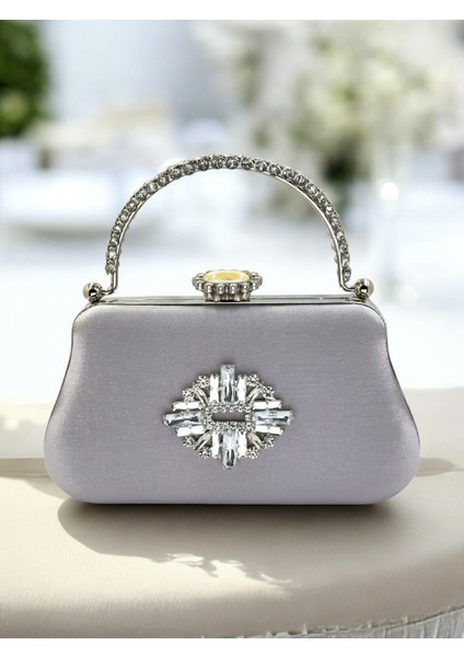 Gümüş Gri Renk Simli Saten Kristal Taşlı Saplı Kadın Abiye Çanta Düğün Nişan Mezuniyet modelleri