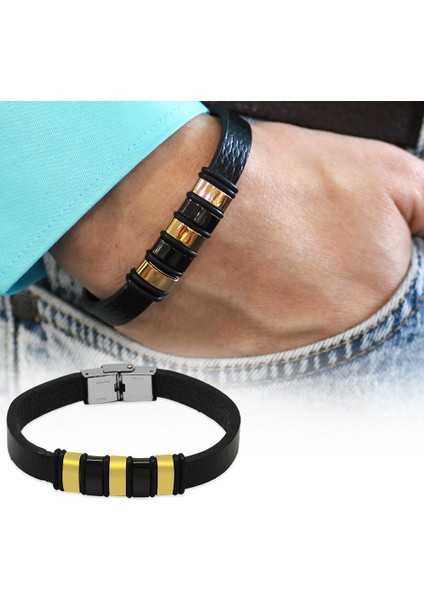Siyah Deri ve Çelik Bileşim Beş Plakalı Isme Özel Harf Yazılı Erkek Bileklik modelleri
