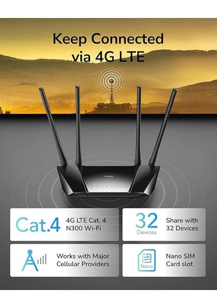 LT400 N300 Wifi 4g Lte Modem Router, Sim Kartlı, Yüksek Kazançlı Antenler, Fdd, Ddns, Vpn, Cloudflare, Tak ve Çalıştır fiyatları