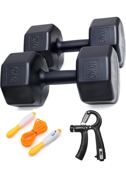 Besinistanbul 10 kg Dambıl x 2 Adet = 20 kg Set Sayaçlı Ayarlanabilir El Yayı + Sayaçlı Atlama Ipi- Siyah