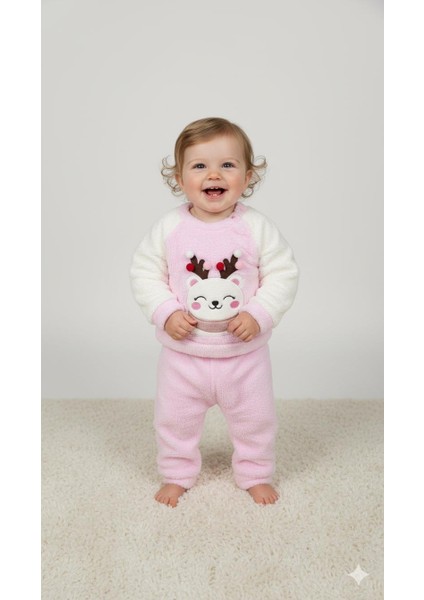 Bebek Kız Pembe Ren Geyiği Desenli Omuz Çıtçıtlı Peluş Takım Yumuşacık
