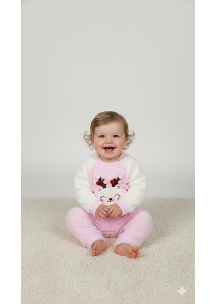 Bebek Kız Pembe Ren Geyiği Desenli Omuz Çıtçıtlı Peluş Takım Yumuşacık fiyatları