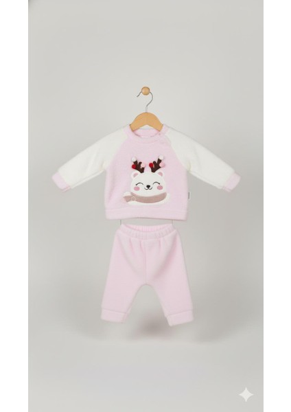 Bebek Kız Pembe Ren Geyiği Desenli Omuz Çıtçıtlı Peluş Takım Yumuşacık modelleri
