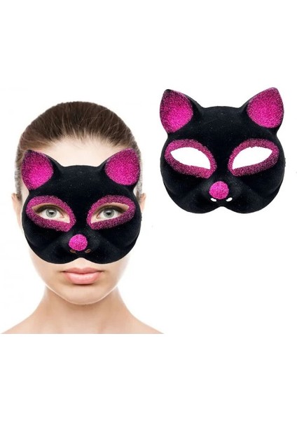 Siyah Fuşya Simli Süet Kedi Maskesi fiyatları