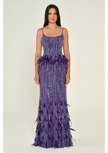 Kadın Payetli Askılı Iki Parça Tüy Detaylı Uzun Abiye Elbise fırsatları