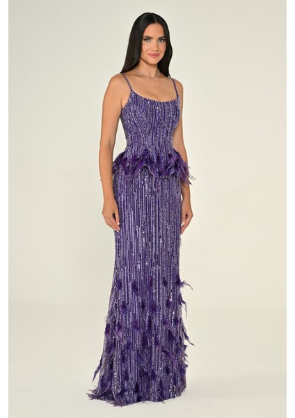 Kadın Payetli Askılı Iki Parça Tüy Detaylı Uzun Abiye Elbise indirimleri