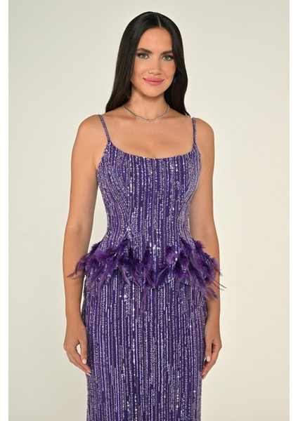 Kadın Payetli Askılı Iki Parça Tüy Detaylı Uzun Abiye Elbise