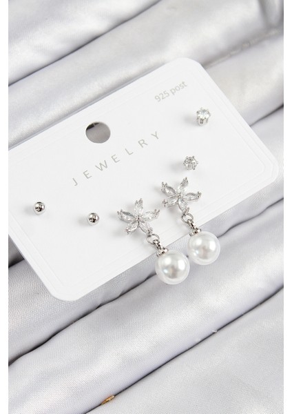 Pirinç Zirkon Taşlı İnci Sallantılı Çiçek Model Gümüş Renk 925 Ayar Gümüş Çivi Kadın Küpe Set - TJ-BKP11175 fiyatları
