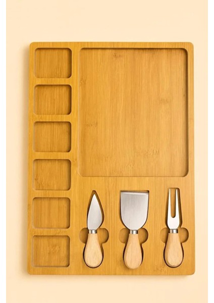 Bambu 4 Parça-7 Bölmeli Sunum Tahtası Kahvaltı Peynir - Meyve Sunum Tahta Seti Ahşap M-3072