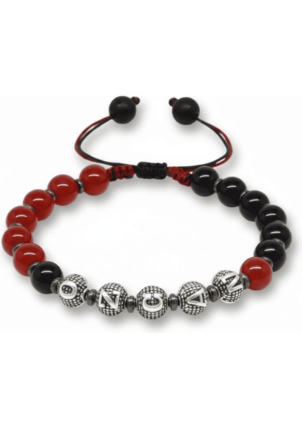 Isme Özel Yazılı Makrome Örgü Küre Kırmızı Siyah Akik Oniks Hematit Doğaltaş Erkek Taraftar Bileklik