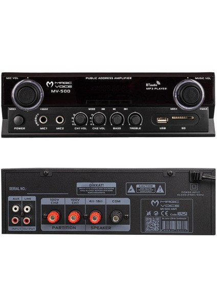 MV-500 100W USB/SD/Bluetooth 2 Bölgeli Hat Trafolu Amfi fiyatları