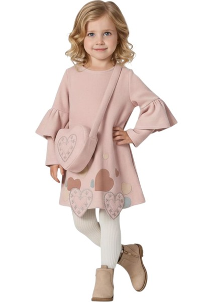 Kız Çocuk Ilkbaharlık Kalpli Elbise Çantalı | Yumuşak Rahat Kumaş | Yeni Sezon Zarif Tasarım | 2-5yaş