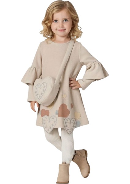 Kız Çocuk Ilkbaharlık Kalpli Elbise Çantalı | Yumuşak Rahat Kumaş | Yeni Sezon Zarif Tasarım | 2-5yaş