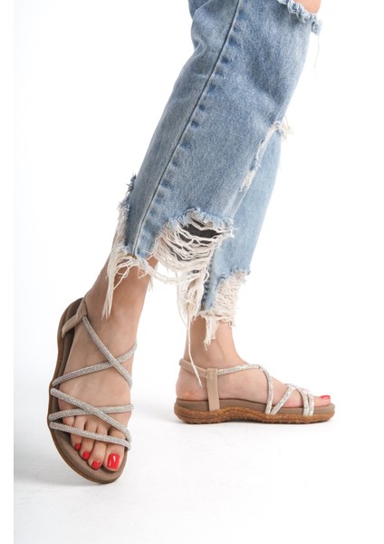 Kadın Kristal Taş Ipli Sandalet Siyah