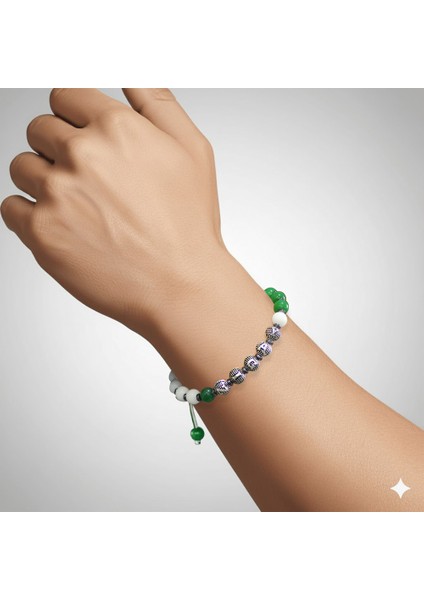 Isme Özel Yazılı Makrome Örgülü Küre Kesim Yeşil Beyaz Jade Hematit Doğaltaş Erkek Taraftar Bileklik modelleri