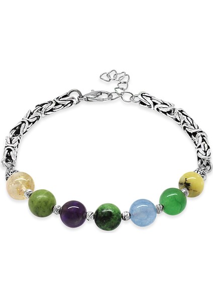 Kararmaz Metal Kral Zincirli Küre Kesim Çoklu Doğaltaş Kombinli Erkek Şifa Bilekliği