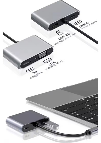 Type-C HDMI VGA USB 3.0 Dönüştürücü 4 In 1 Video Dönüştürücü Çoklu Type-C Monitör Dönüştürücü modelleri