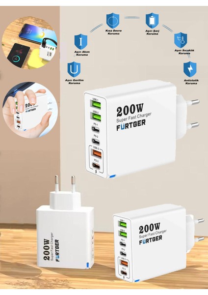 Alman 200W 3 Type-C + 3 Usb-A Toplam 6 Çıkışlı Süper Hızlı Şarj Aleti