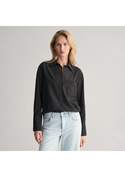Kadın Siyah Relaxed Fit Klasik Yaka Gömlek