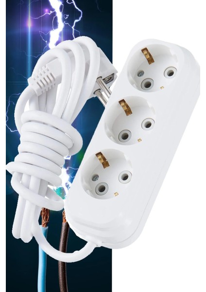 5 Metre Kablolu Topraklı Ara Kablosu Uzatmalı Seyyar 3lü Grup Priz