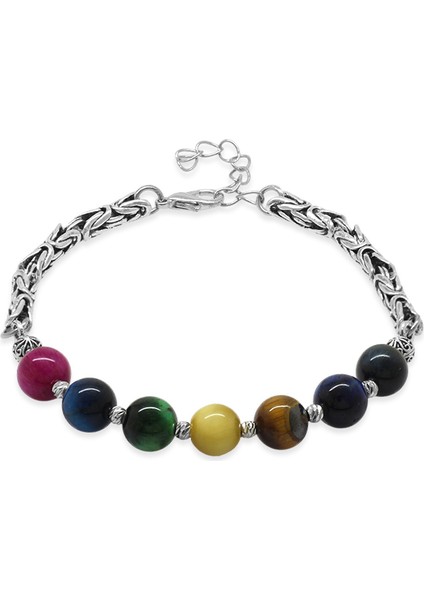 Kararmaz Metal Kral Zincirli Küre Kesim Kaplan Gözü Doğaltaş Kombinli Erkek Enerji Bilekliği