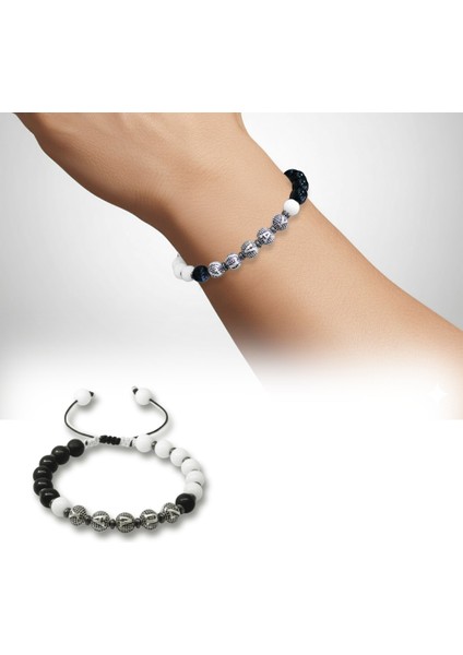 Isme Özel Yazılı Makrome Örgülü Küre Siyah Beyaz Jade Oniks Hematit Doğaltaş Erkek Taraftar Bileklik fiyatları