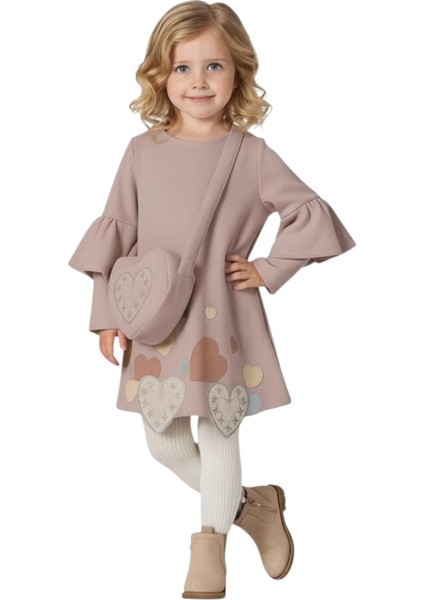 Kız Çocuk Ilkbaharlık Kalpli Elbise Çantalı | Yumuşak Rahat Kumaş | Yeni Sezon Zarif Tasarım | 2-5yaş