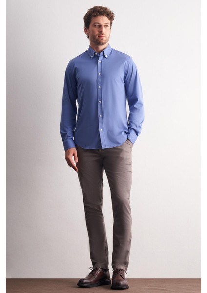 Koyu Mavi Düğmeli Yaka Örme Uzun Kol Performans Ürün Slim Fit Esnek Gömlek 1004255270 indirimleri