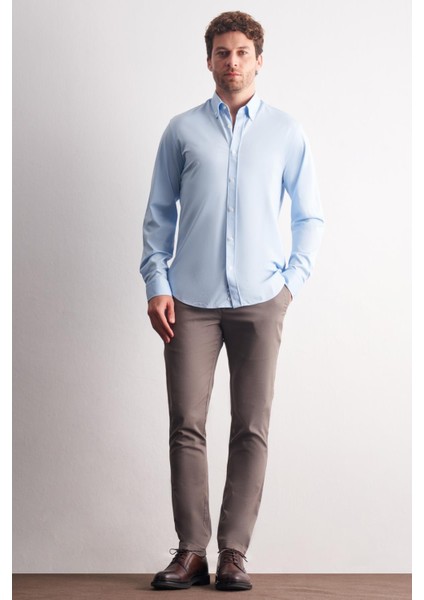 Mavi Düğmeli Yaka Örme Uzun Kol Performans Ürün Slim Fit Esnek Gömlek 1004255270 indirimleri