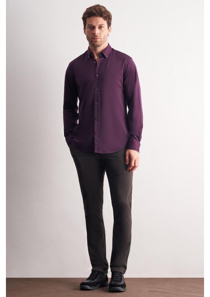 Mor Düğmeli Yaka Örme Uzun Kol Performans Ürün Slim Fit Esnek Gömlek 1004255270