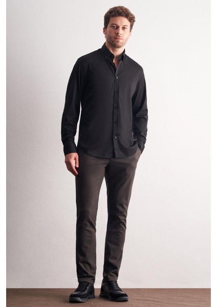 Siyah Düğmeli Yaka Örme Uzun Kol Performans Ürün Slim Fit Esnek Gömlek 1004255270 indirimleri