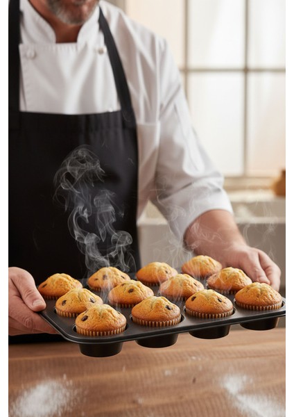 12 Gözlü Muffin Kek Kalıbı Paslanmaz Siyah Portatif Tasarım Kek Kalıbı
