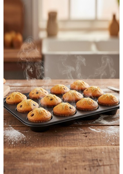 12 Gözlü Muffin Kek Kalıbı Paslanmaz Siyah Portatif Tasarım Kek Kalıbı fiyatları