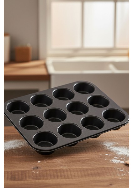 12 Gözlü Muffin Kek Kalıbı Paslanmaz Siyah Portatif Tasarım Kek Kalıbı modelleri