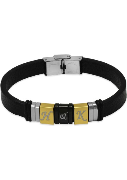 Siyah Deri ve Çelik Bileşim Iki Plakalı Isme Özel Harf Yazılı Erkek Bileklik