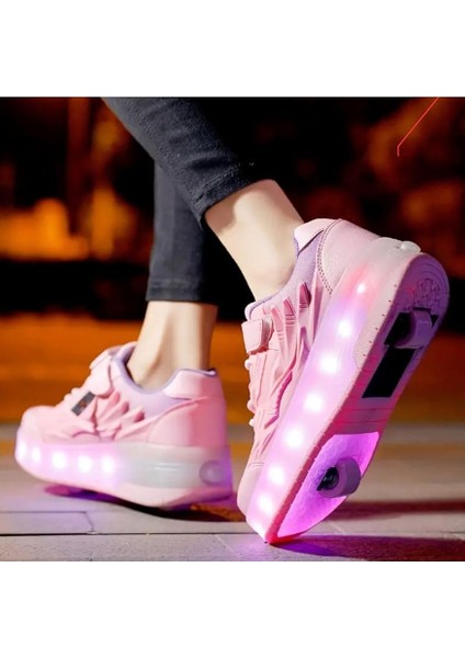 Unisex Led Işıklı Tekerlekli Paten Ayakkabı Pembe-30 Ayarlanabilir