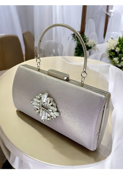 Gümüş Gri Kristal Taşlı Saten Abiye Çanta, Metal Saplı Şıklık fiyatları