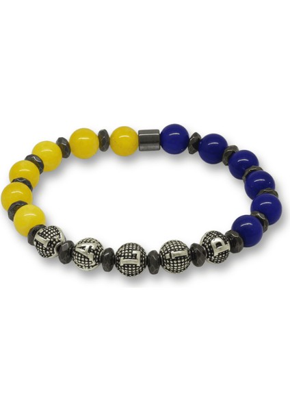 Isme Özel Yazılı Küre Kesim Sarı Lacivert Jade Hematit Doğaltaş Erkek Taraftar Bileklik